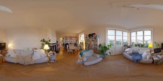 HDRI – Mysig lägenhet (sommar, solnedgång) – förhandsgranskning av ekvirektangulär projektion (EV 4.65; Filmic Blender)