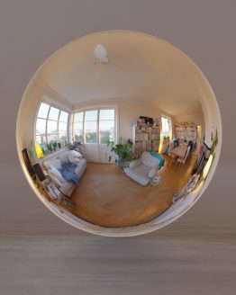 HDRI – Mysig lägenhet (sommar, solnedgång) – spegeldank utan horisont (EV 4.65; Filmic Blender)