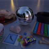 HDRI – Förbisedd stadspark (sommar, skymning) – stilleben med horisont (EV 2.55; Filmic Blender)