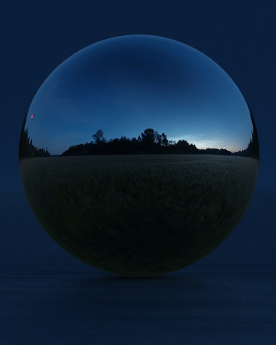 HDRI – Månskenslöst fält (sommar, midnattsskymning) – spegeldank utan horisont (EV -0.50; Filmic Blender)