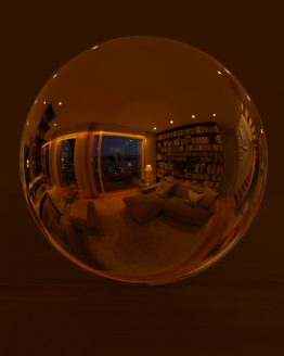 HDRI – Modernt vardagsrum (sommar, sen kväll) – spegeldank utan horisont (EV 4.50; Filmic Blender)